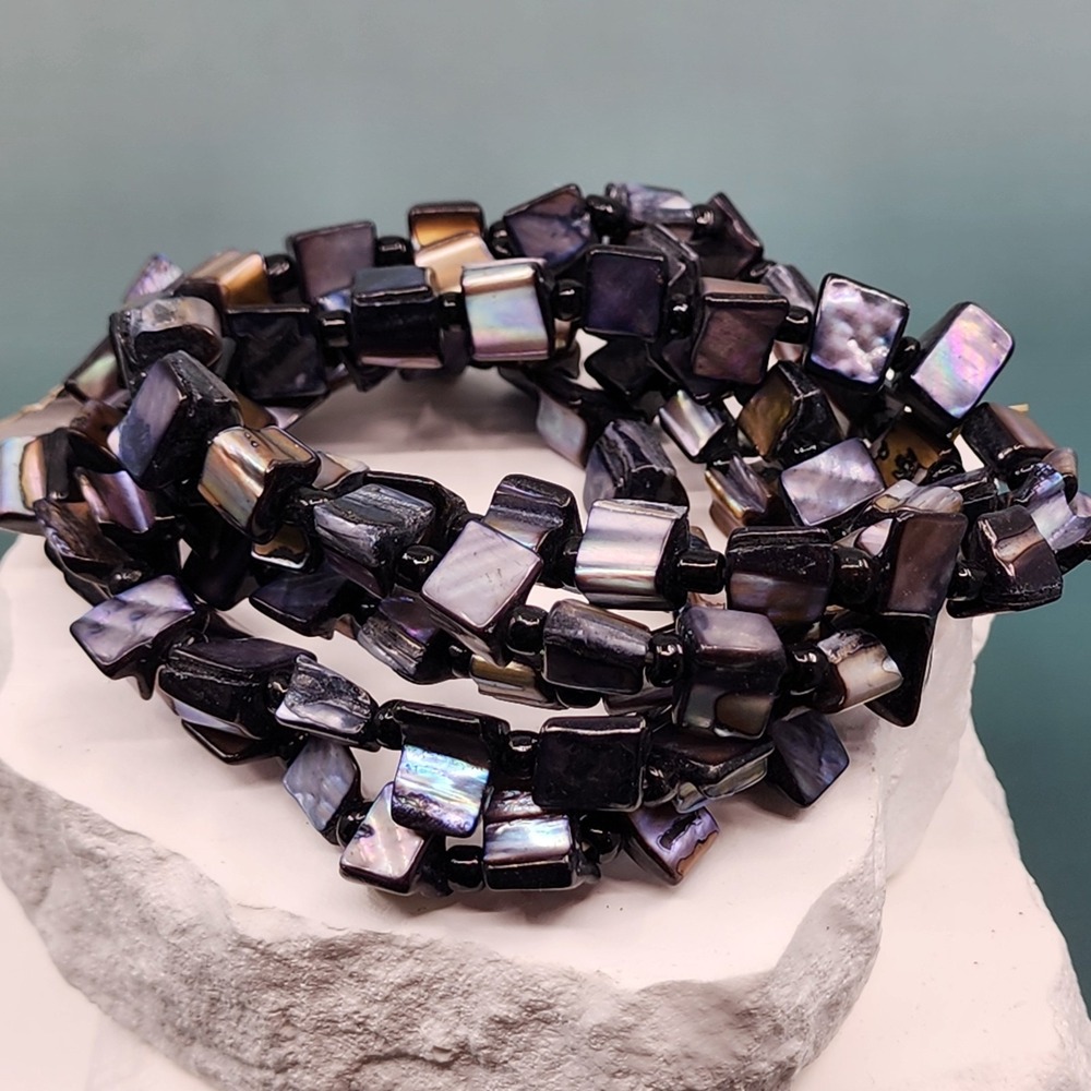 Black Iridescent Shell Multi Strand Bracelet Chunky Beaded Statement Jewelry